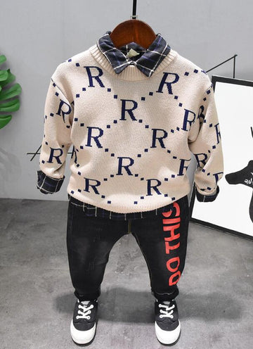 Boys 3pcs Fashion Set. Long Sleeve Knit Sweater, Shirt & Jeans. Ages 2-6Y